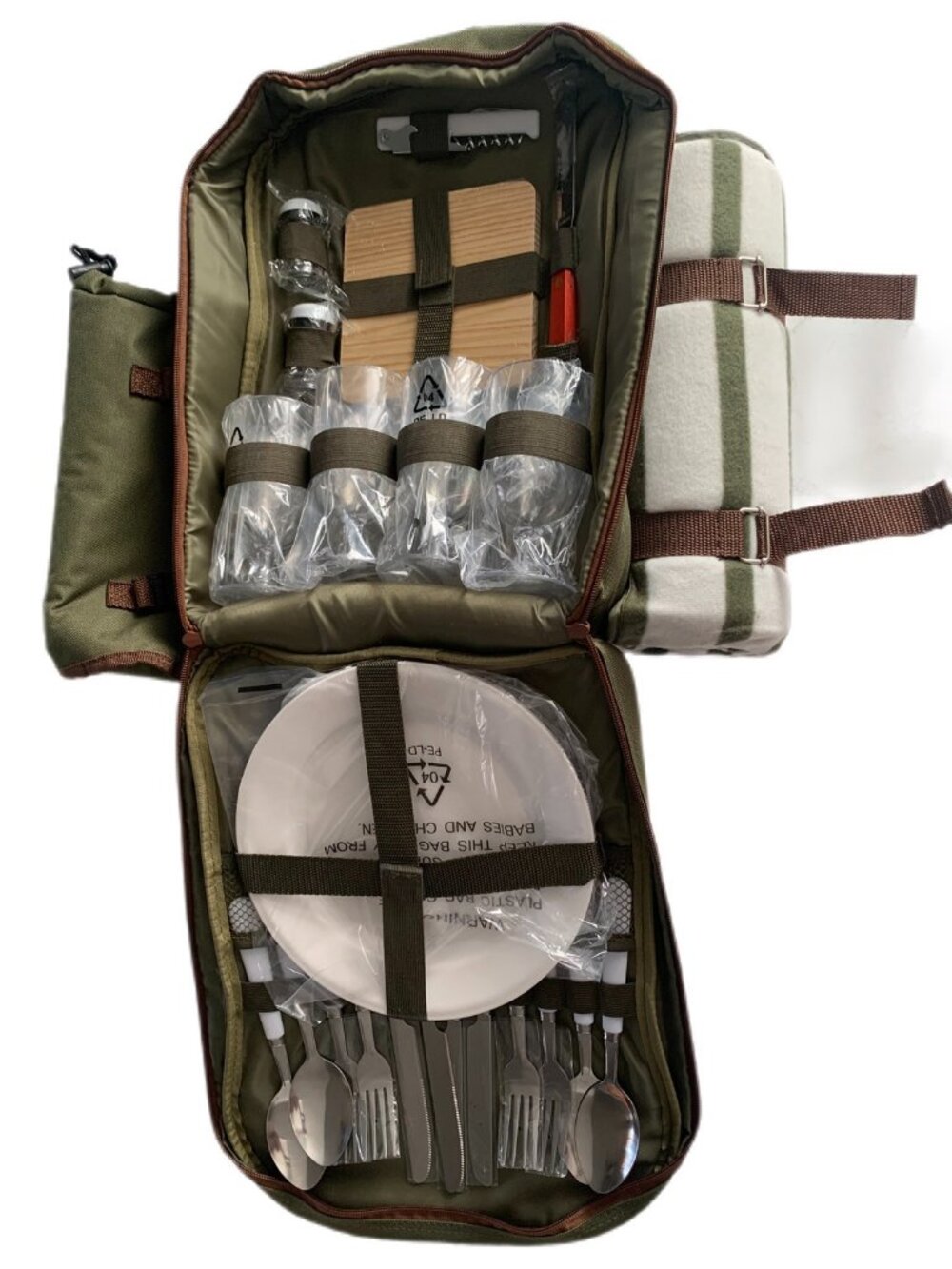 Ciroa Day Out Essentials Picnic Backpack Green Brown Trim Insulated Outdoor Set